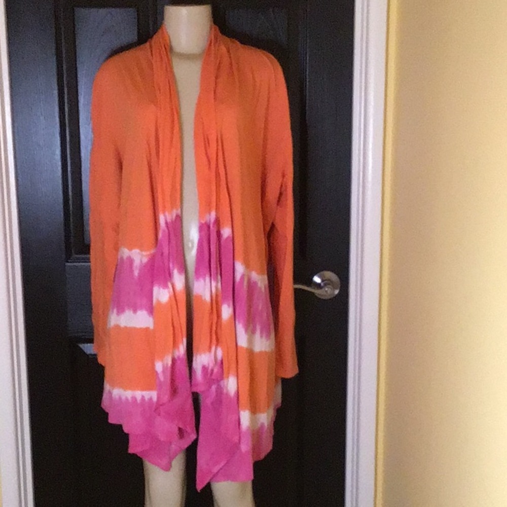 Long open front orange and pick cardigan